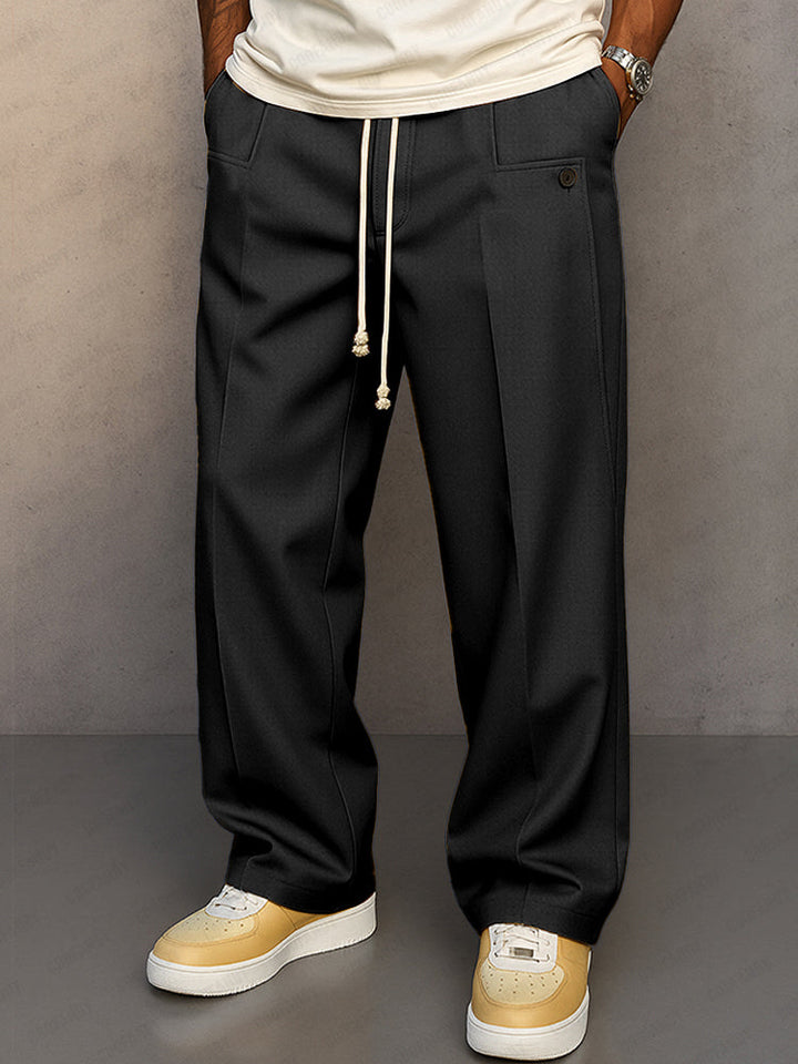 Straight leg drawstring trousers with side pockets and back button pocket