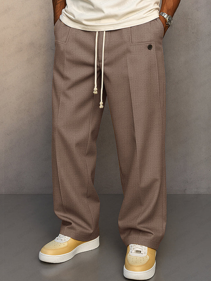 Straight leg drawstring trousers with side pockets and back button pocket