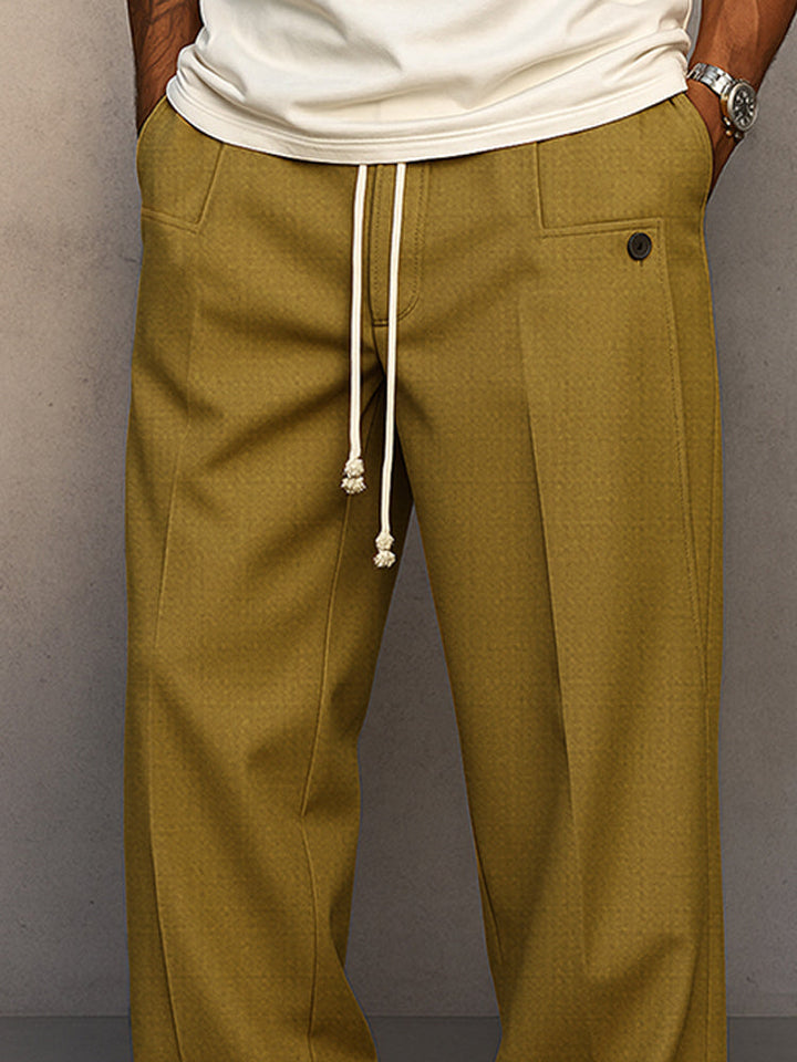Straight leg drawstring trousers with side pockets and back button pocket