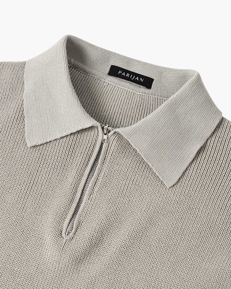 Men's textured quarter-zip collared sweater with long sleeves and ribbed trims