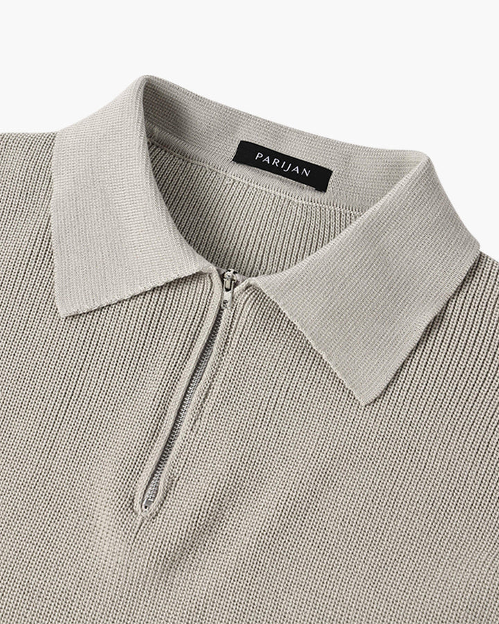 Men's textured quarter-zip collared sweater with long sleeves and ribbed trims