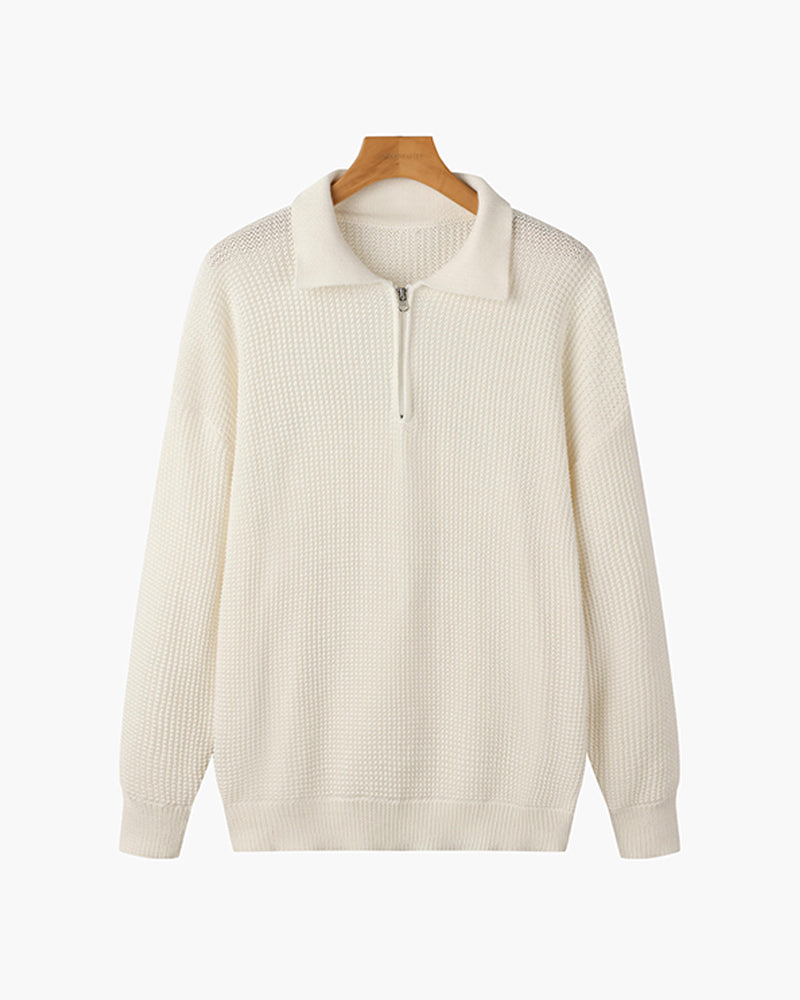 Ribbed collared sweater with short front zip