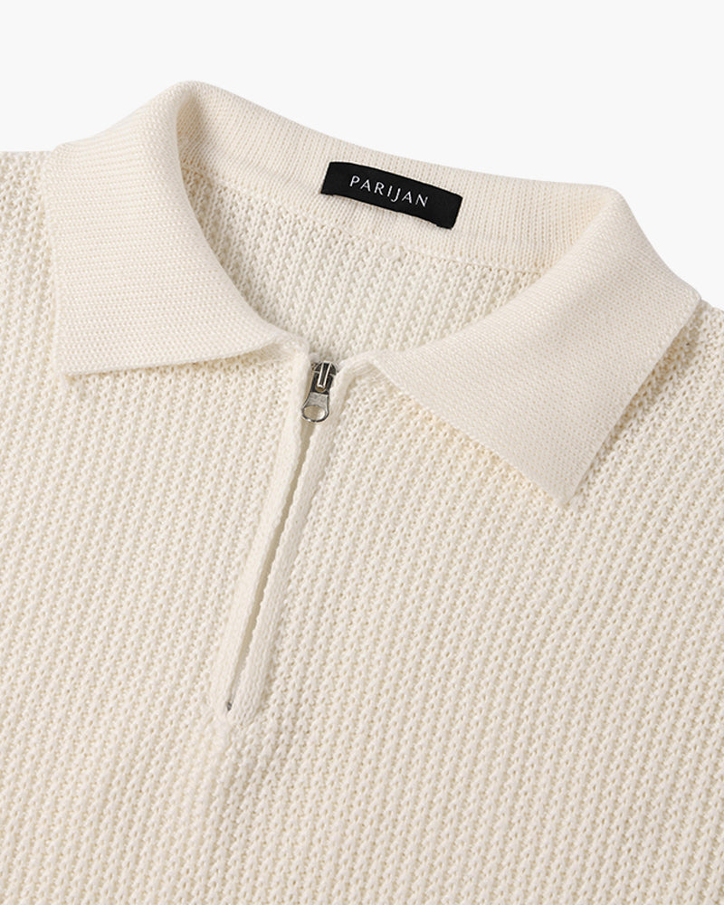 Ribbed collared sweater with short front zip