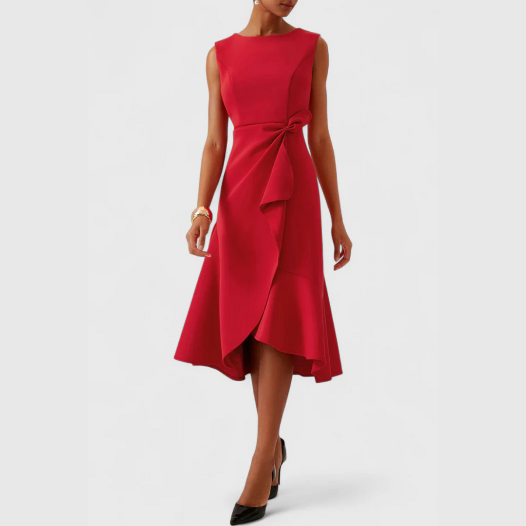 Women's Asymmetric Draped Midi Dress in Red - View 15 | Bellmere