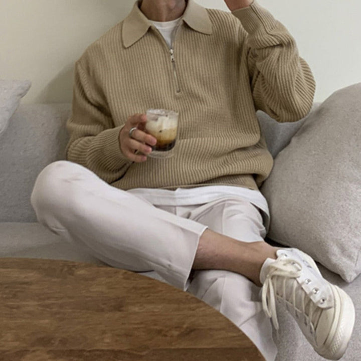 Ribbed quarter-zip sweater with collared neckline