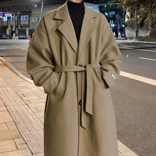 Longline belted overcoat with notched lapels and side pockets