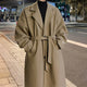 Longline belted overcoat with notched lapels and side pockets