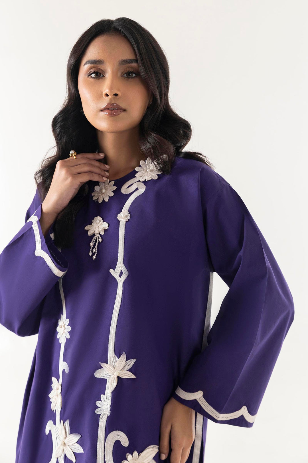 Women's purple embroidered shirt and trouser set with floral front detail
