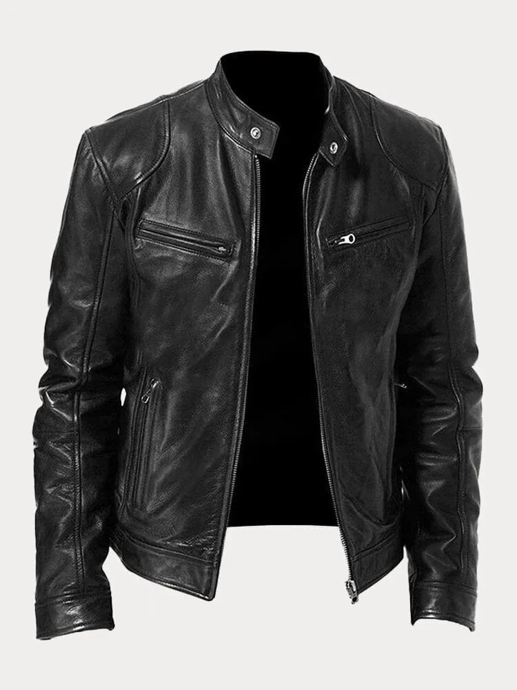 Unisex stand collar zip jacket with long sleeves and multiple zipped pockets