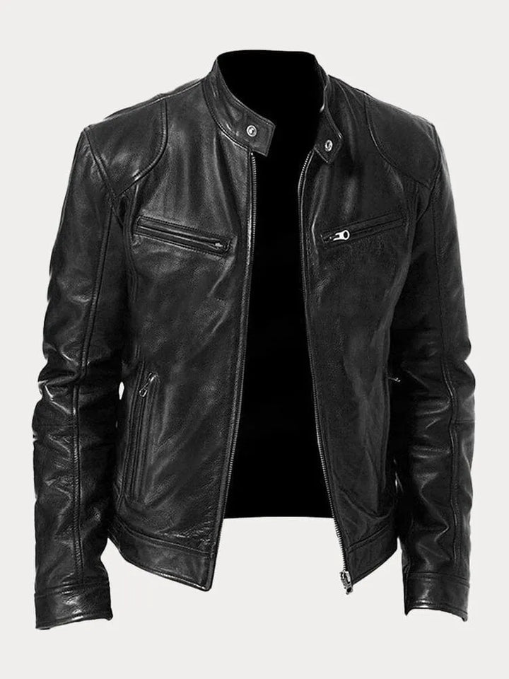 Unisex stand collar zip jacket with long sleeves and multiple zipped pockets