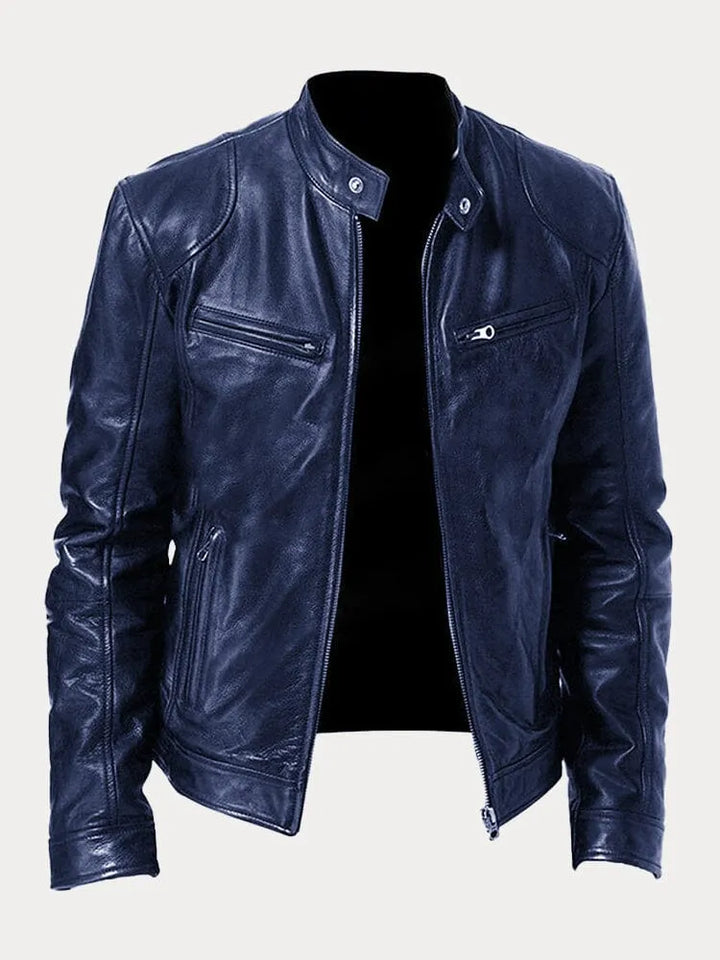 Unisex stand collar zip jacket with long sleeves and multiple zipped pockets