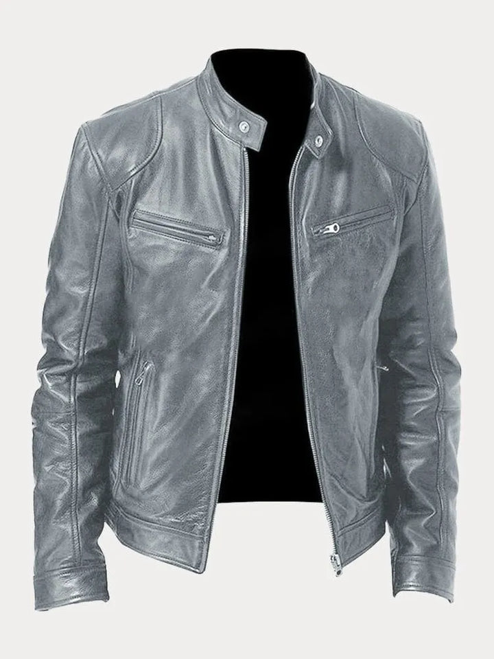 Unisex stand collar zip jacket with long sleeves and multiple zipped pockets