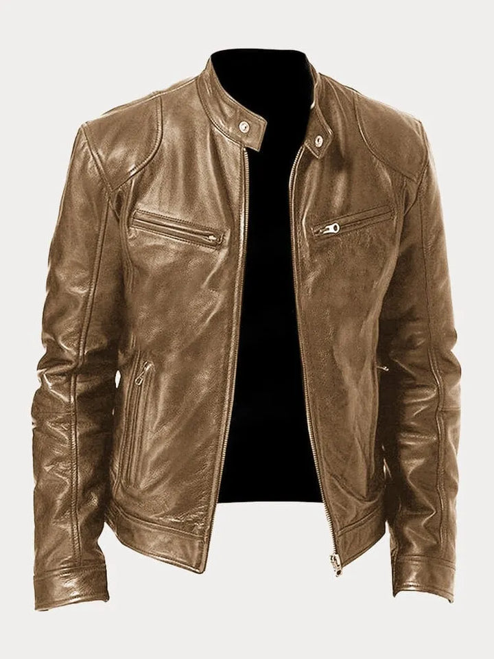 Unisex stand collar zip jacket with long sleeves and multiple zipped pockets