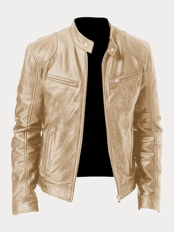 Unisex stand collar zip jacket with long sleeves and multiple zipped pockets