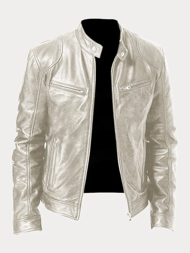 Unisex stand collar zip jacket with long sleeves and multiple zipped pockets