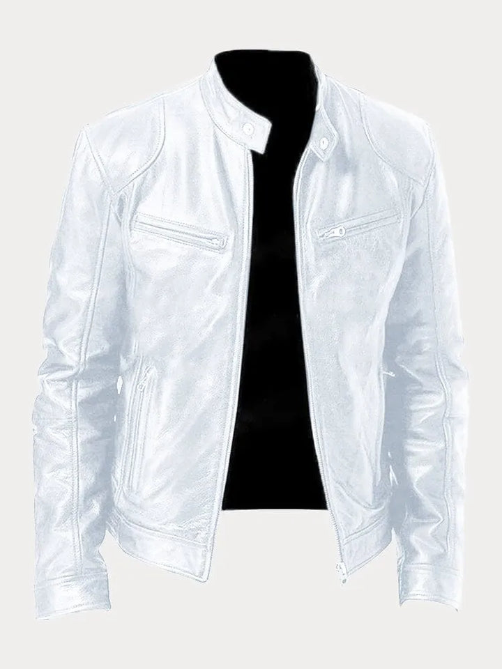 Unisex stand collar zip jacket with long sleeves and multiple zipped pockets