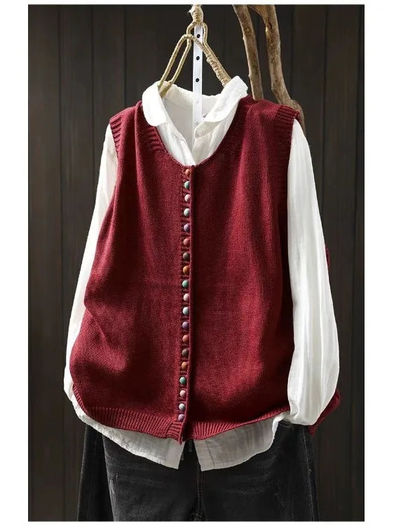 Women's sleeveless button-front knit vest with V-neck and ribbed trim