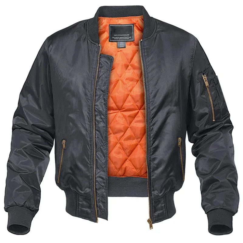 Men's quilted bomber jacket with stand collar, long sleeves and zip pockets