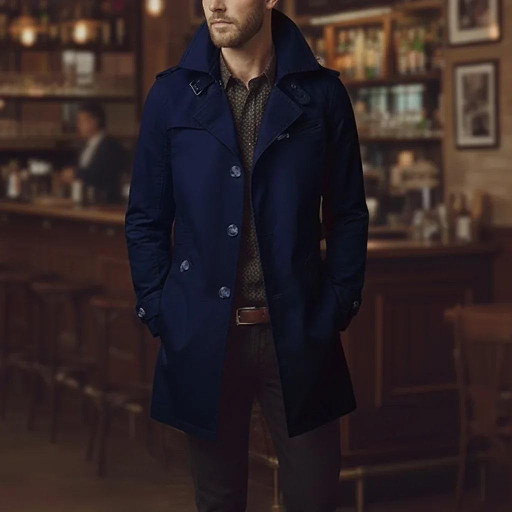 Men's slim trench coat with notched collar, button front, epaulettes and long sleeves