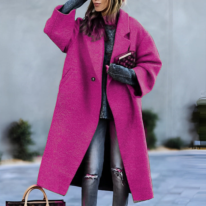 Women's long oversized lapel coat with button front and angled pockets
