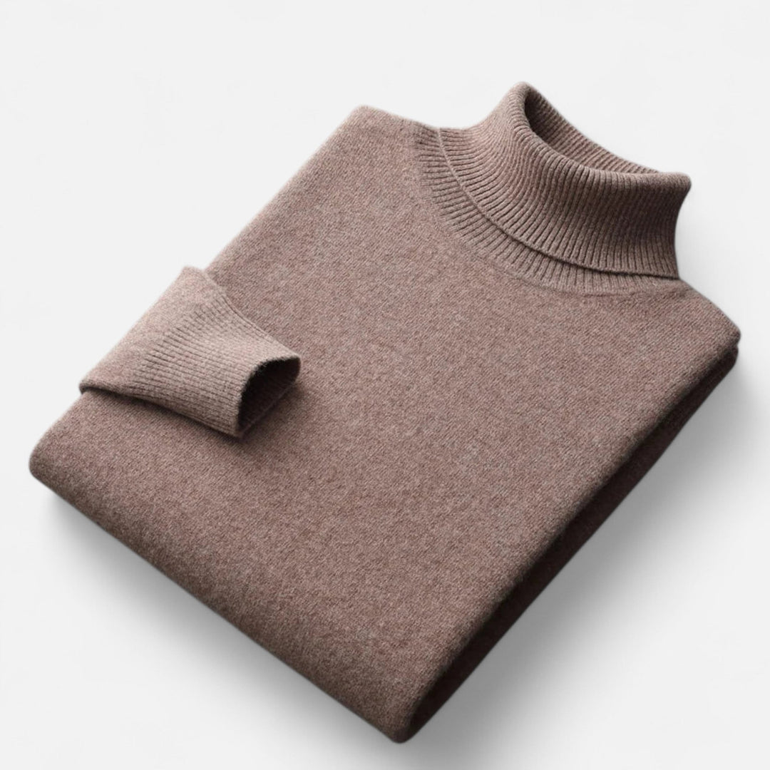Men's solid turtleneck sweater with long sleeves and ribbed trims