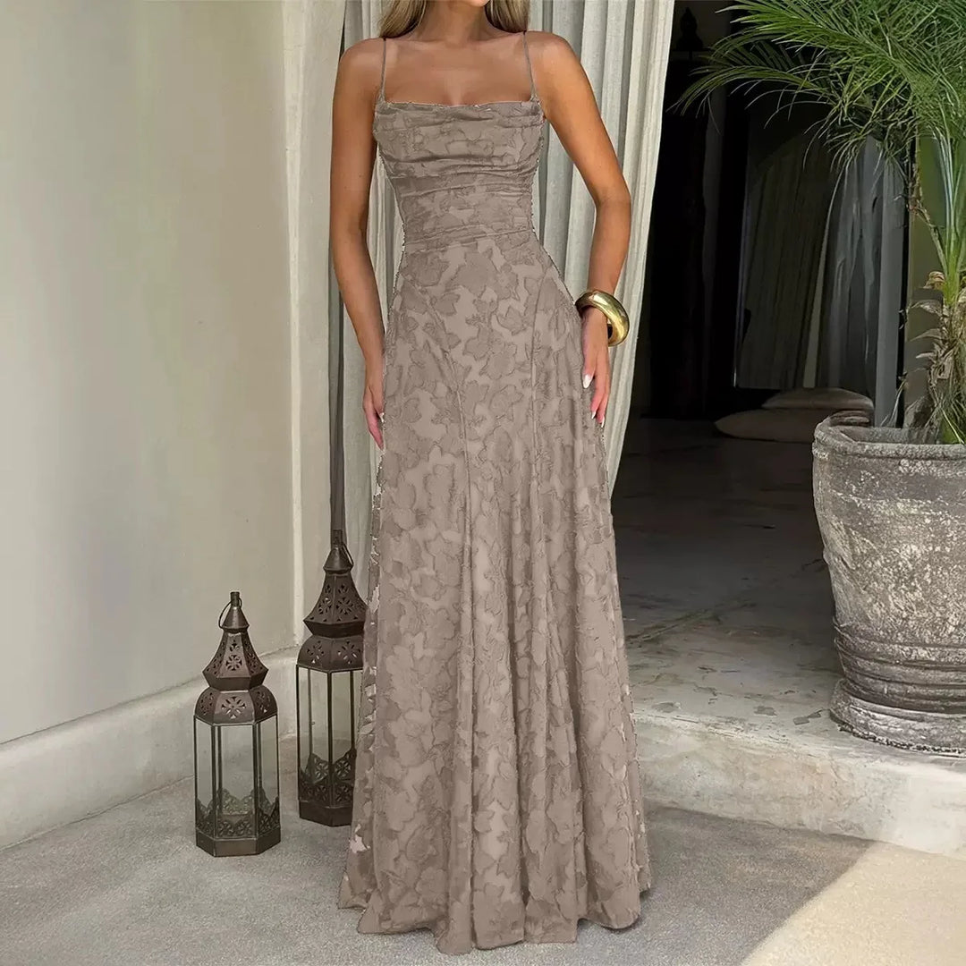 Women's embroidered lace maxi dress with sweetheart neckline and train