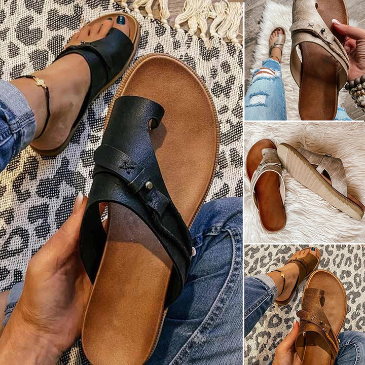Sonya | Women's Flat Toe Loop Sandals Cushioned Footbed Summer Slides