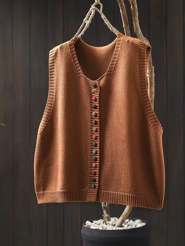 Women's sleeveless button-front knit vest with V-neck and ribbed trim