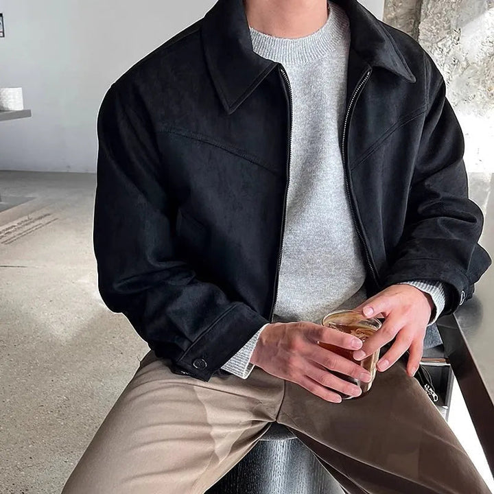 Men's textured zip-front jacket with shirt collar and long sleeves