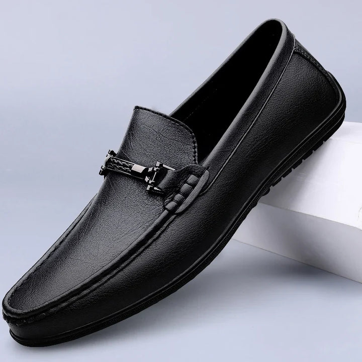 Men's slip-on loafers with moc toe and decorative vamp strap