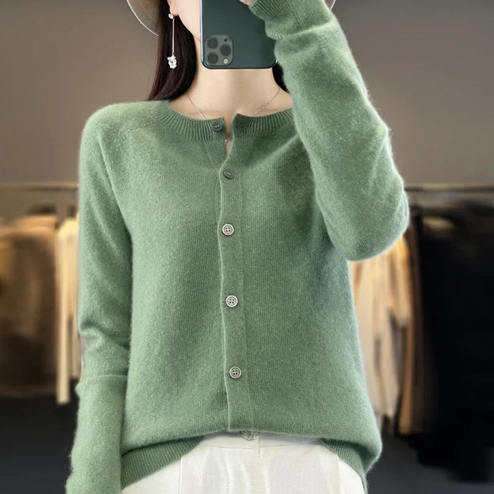 Women's crew neck knit cardigan with long sleeves and button front