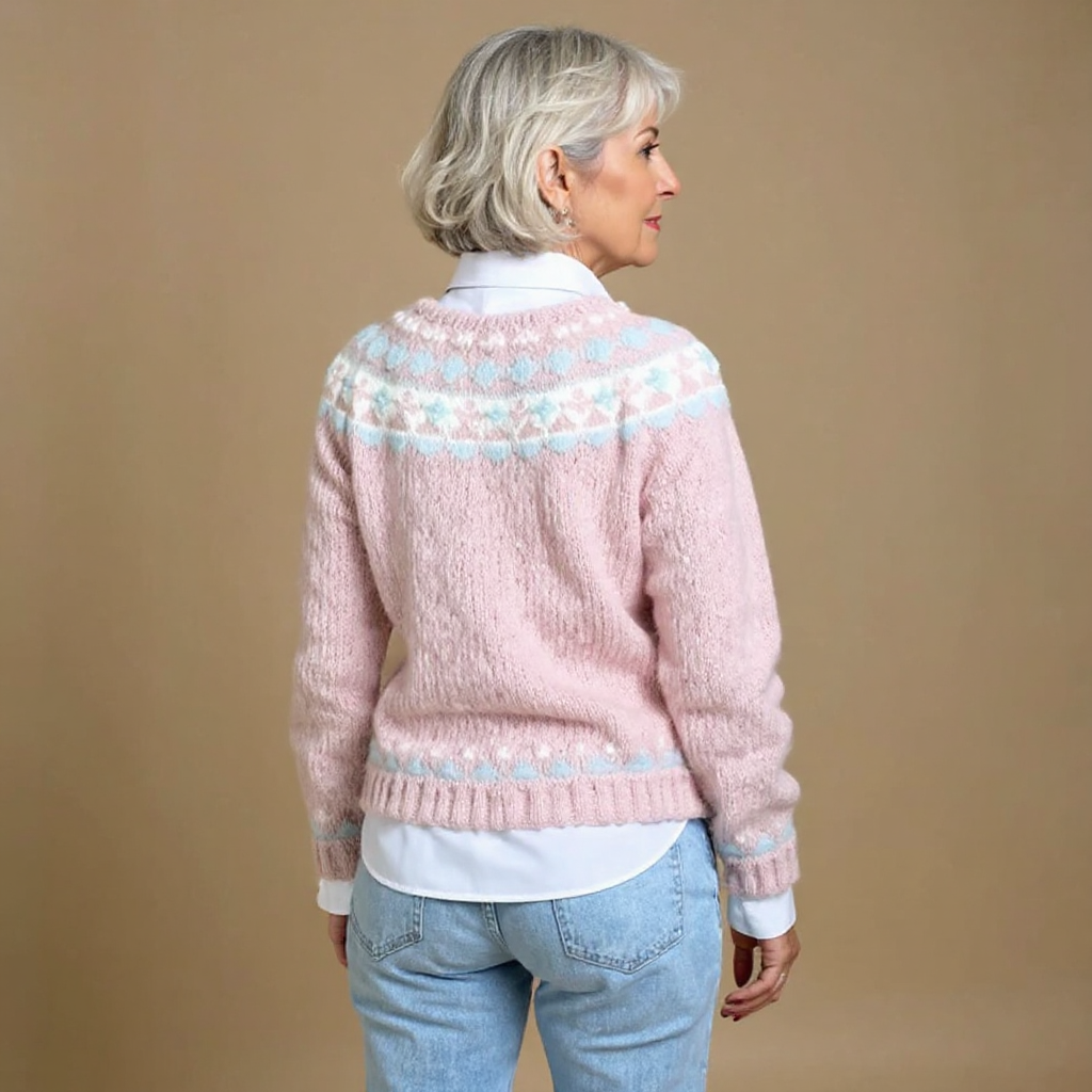 Women's pink Fair Isle cardigan with V-neck, buttons and long sleeves