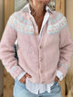 Women's pink Fair Isle cardigan with V-neck, buttons and long sleeves