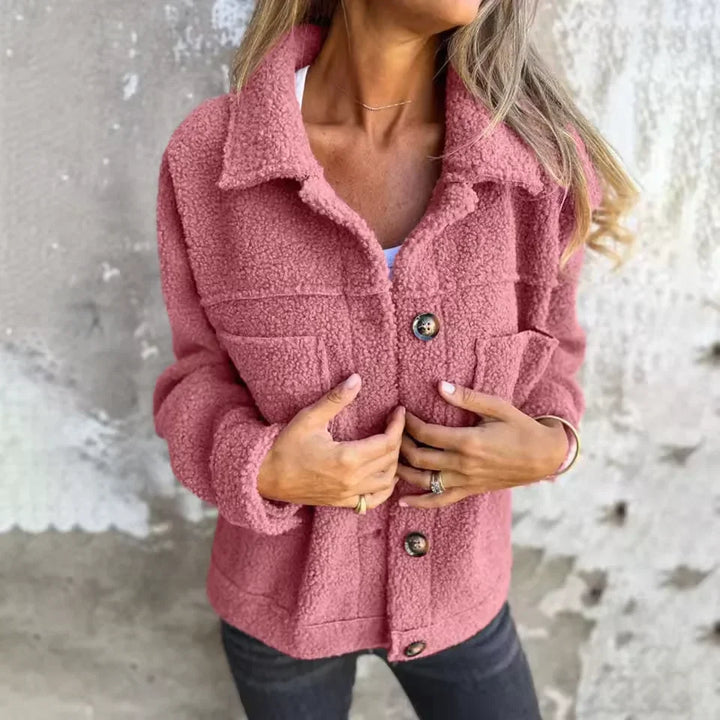 Women's textured fleece jacket with collar and button front