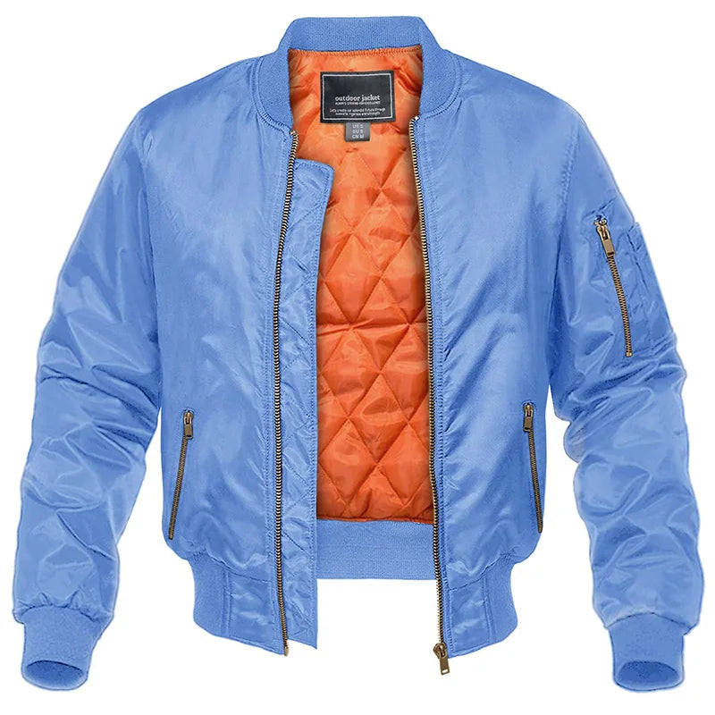 Men's quilted bomber jacket with stand collar, long sleeves and zip pockets