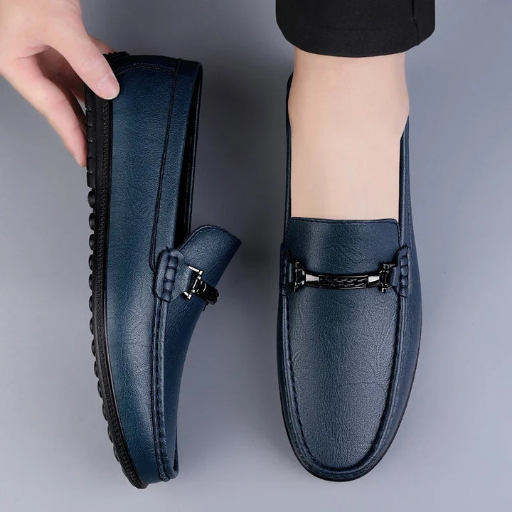 Men's slip-on loafers with moc toe and decorative vamp strap