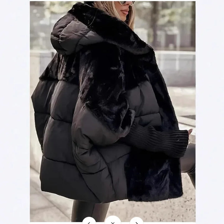 Women's hooded puffer jacket with plush faux fur panels