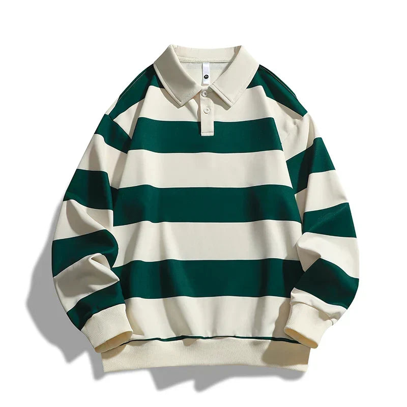 Unisex striped polo sweatshirt with collared neckline and long sleeves