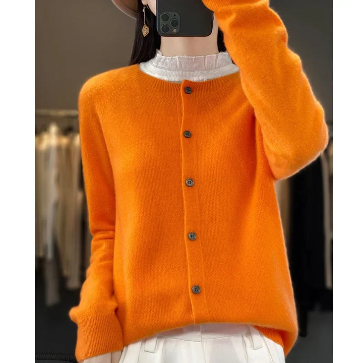 Women's crew neck knit cardigan with long sleeves and button front