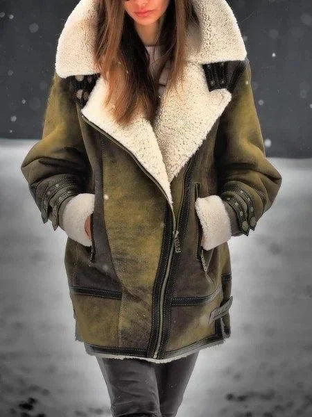 Women's hip-length shearling-lined jacket with wide collar and zip front
