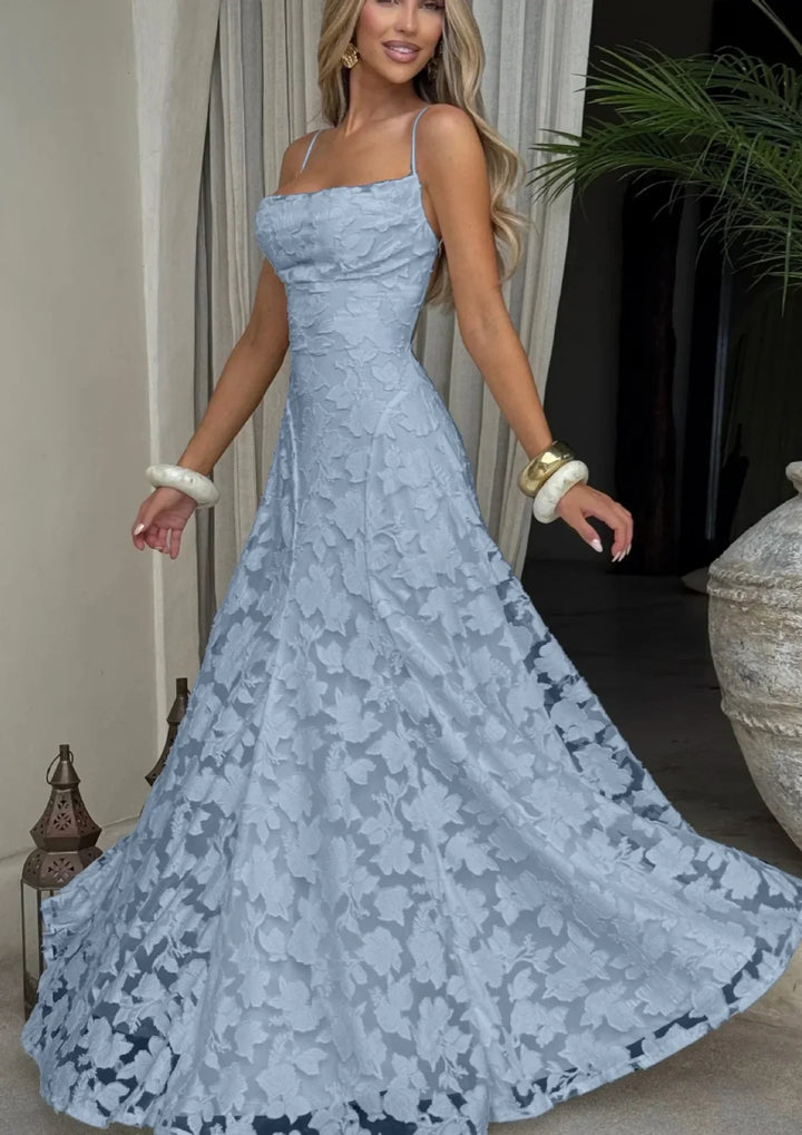 Women's embroidered lace maxi dress with sweetheart neckline and train