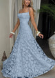 Women's embroidered lace maxi dress with sweetheart neckline and train