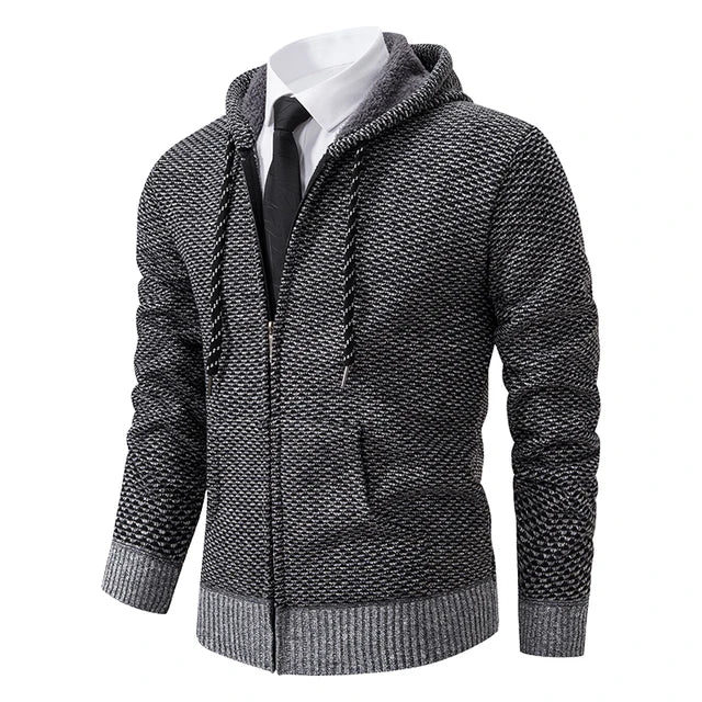Men's textured full-zip hoodie with hood, drawcords, front pockets and ribbed trims
