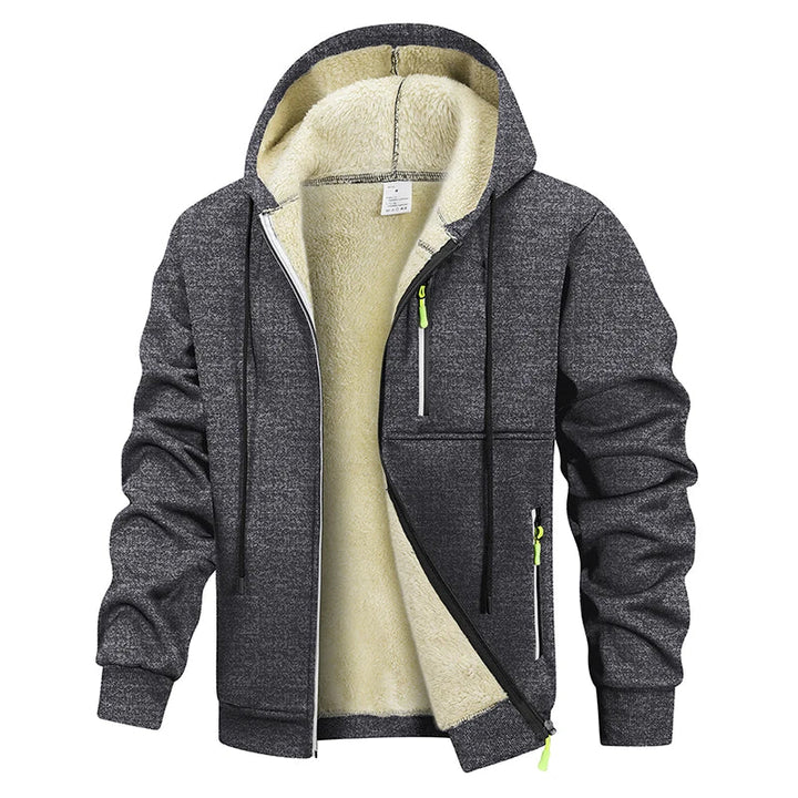 Men's hooded zip-up hoodie with light pile lining and zipped pockets