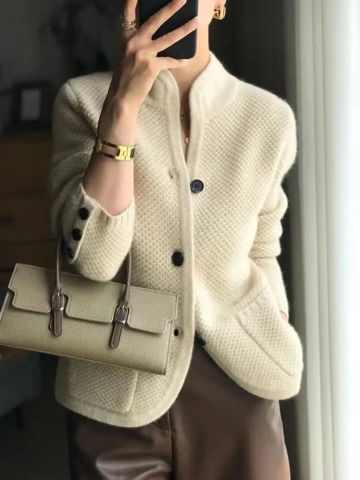 Women's textured knit cardigan jacket with buttons and front pockets