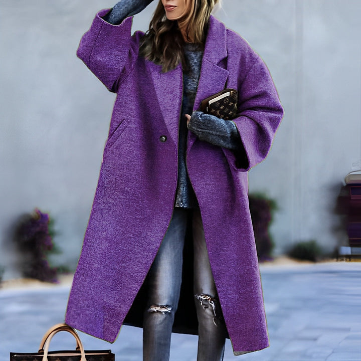 Women's long oversized lapel coat with button front and angled pockets