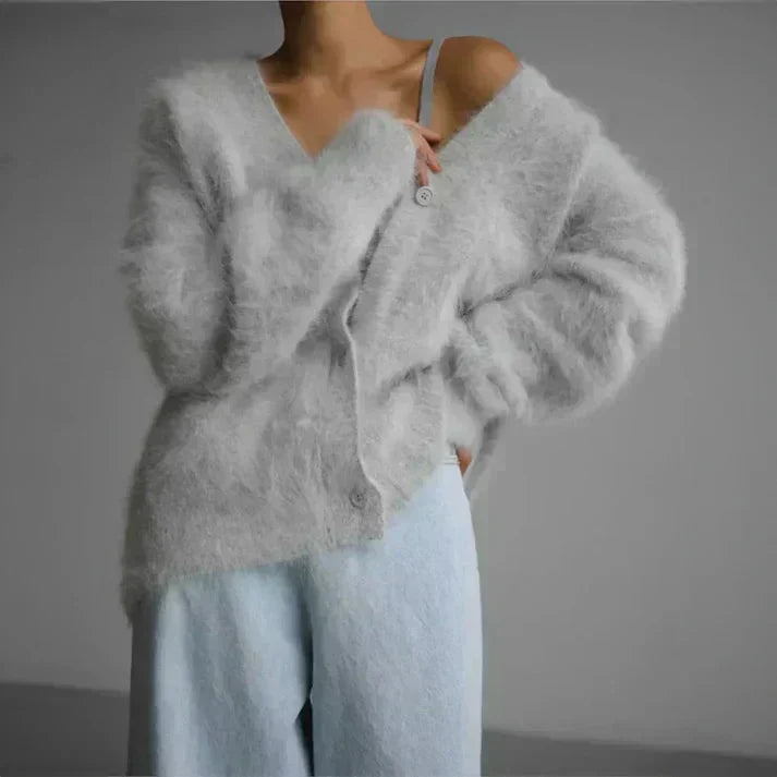 Women's fuzzy V-neck button cardigan with long sleeves and front pockets