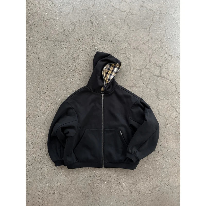 Black hooded zip jacket with checked lining and front pockets