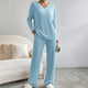 Women's ribbed two-piece lounge set with V-neck long-sleeved top and wide-leg trousers