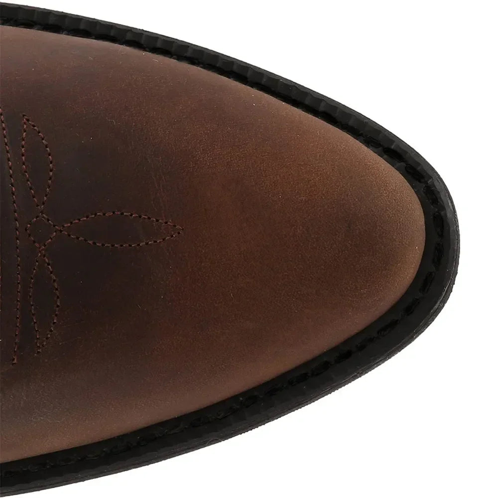 Men's cowboy boots with embroidered shaft, pointed toe and low heel